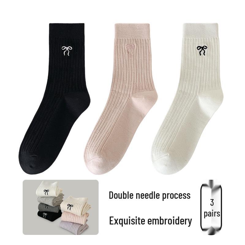 Girls' Mid-Calf Seamless Cotton Socks with Butterfly Embroidery - Wear-Resistant, Anti-Pilling, for Spring and Autumn