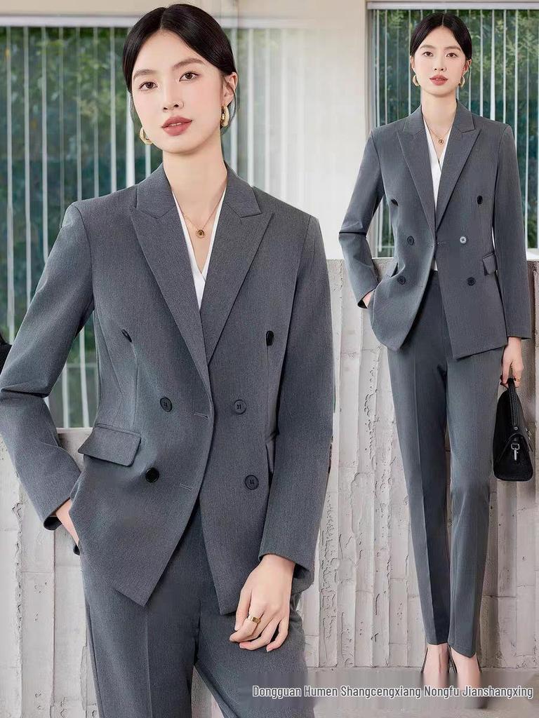 Women's Double-Breasted Suit Set: Simple & Polished Long Sleeve Blazer for Autumn/Winter 2025 Professional Commute Workwear.