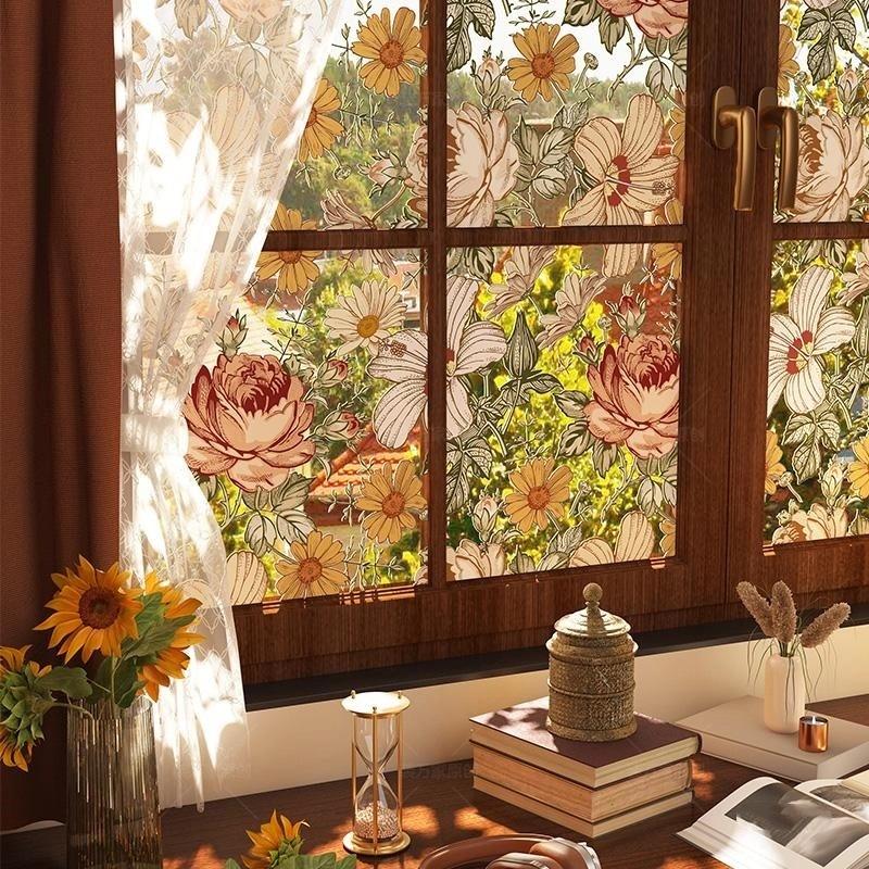 French Vintage Glass Adhesive Film For Bathroom Door And Toilet Window Static Cling Frosted Privacy Window Film Light Filtering Non Transparent