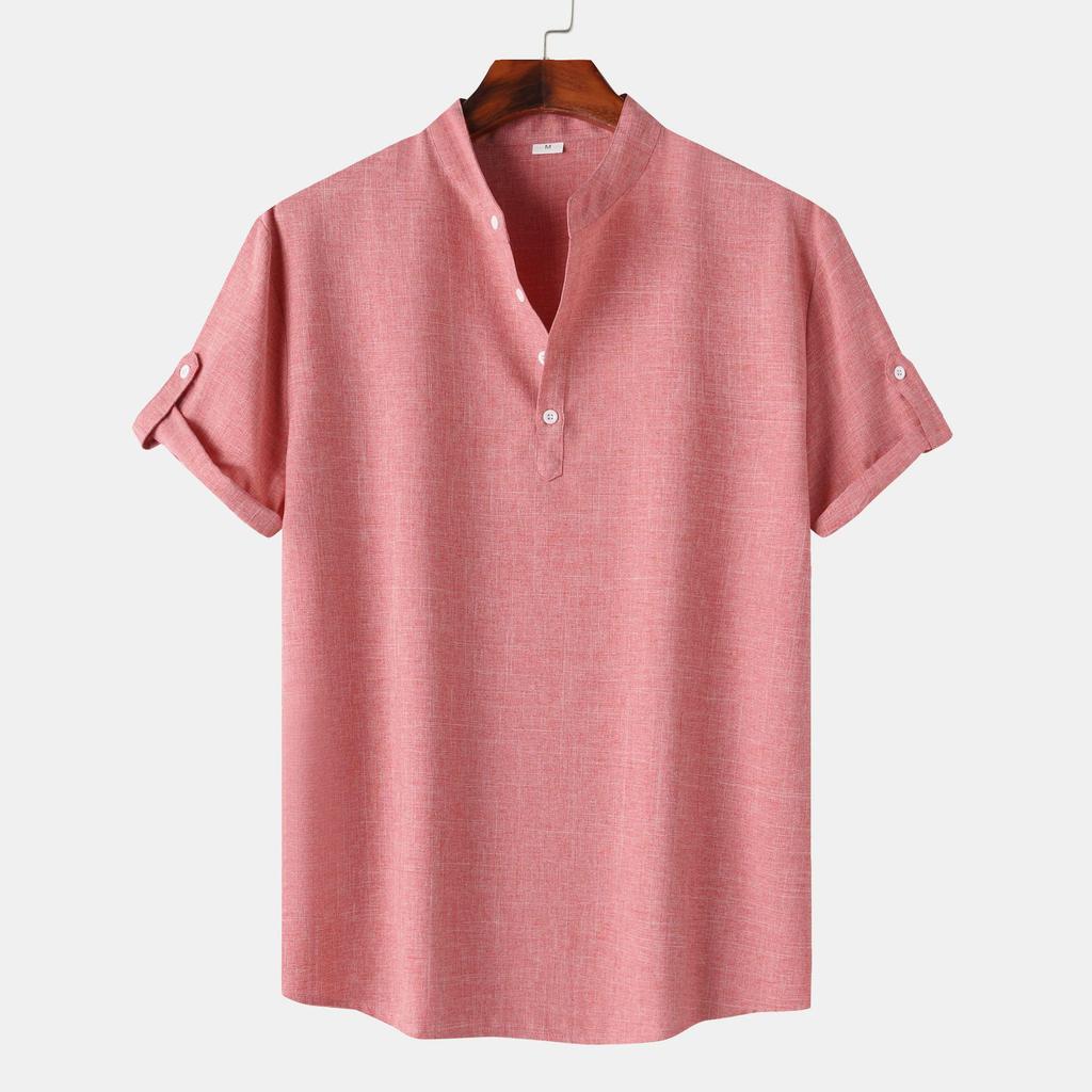 Men's Slim-Fit Stand-Up Collar Solid Color Short-Sleeve Shirt, 2024 Spring/Autumn Collection