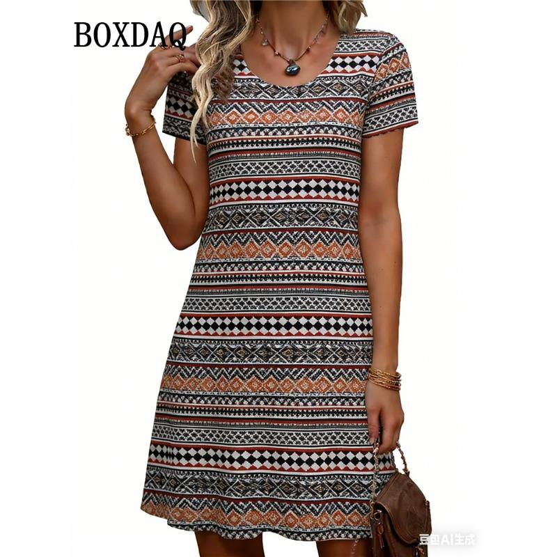 Elegant Fashion Short Sleeve Dress Summer Women's Ethnic Style Geometry 3D Print A-Line Dress For Women Casual Clothing