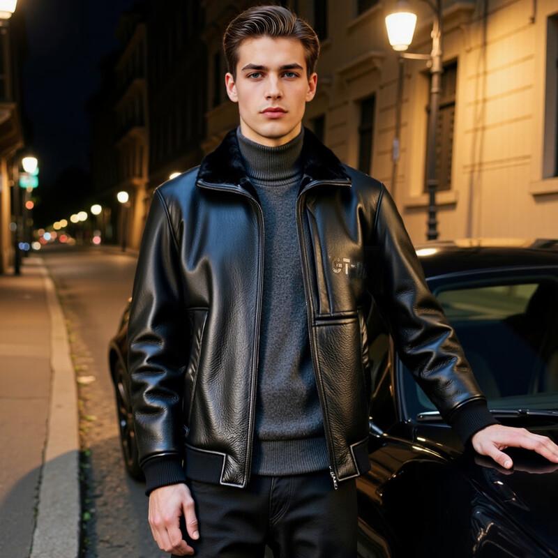 Men's Genuine Leather & Shearling Collar Jacket