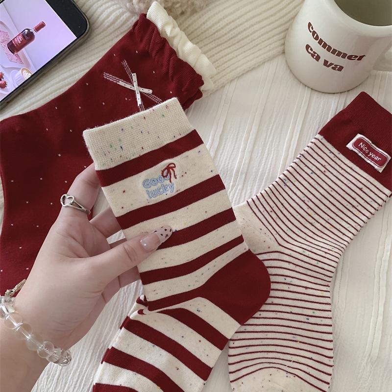 Female Autumn and Winter Striped Cloth Label Bowknot Polka Dot New Year Benming Year Red Tube Pile Socks