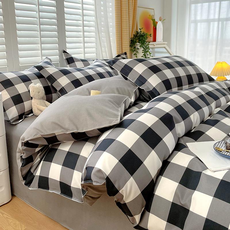 Soft Color Block Checkered Bedding Set Comfy 100% Washed Cotton Blue Plaid Duvet Cover Set King Queen Size Comforter Cover Sheet
