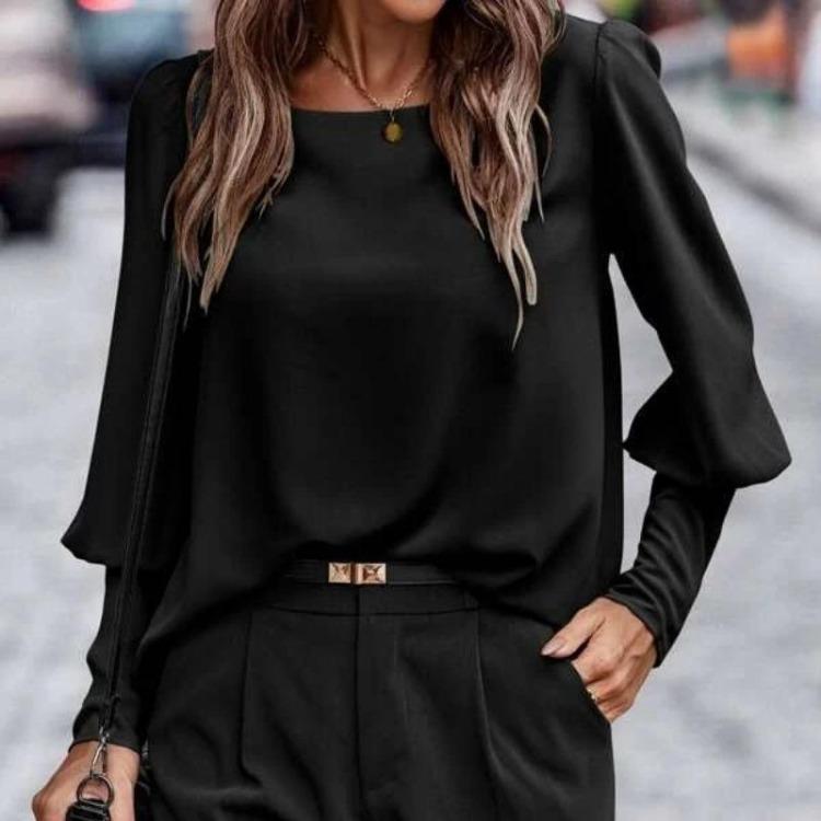 

Elegant Loose Pullover Top for Women Soft Breathable Lightweight Long Sleeve Tshirt Crew Neck Back Button Down Solid Work Shirt 2XL чорний