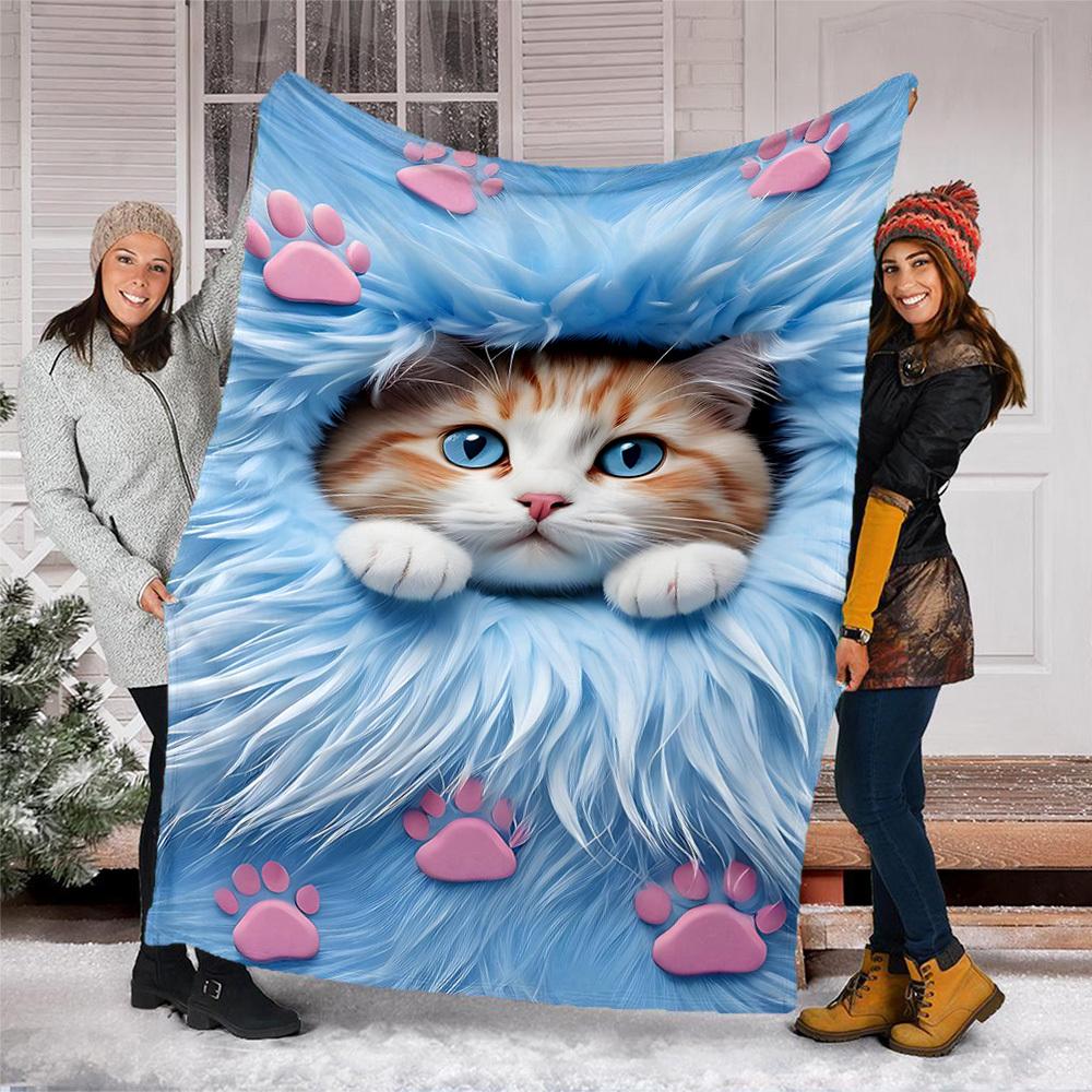 1pc Cat Paws Blue Fur Outdoor Flannel Blanket , Machine Washable Perfect Gift for Birthday , Holiday Travel Accessory , Durable Material