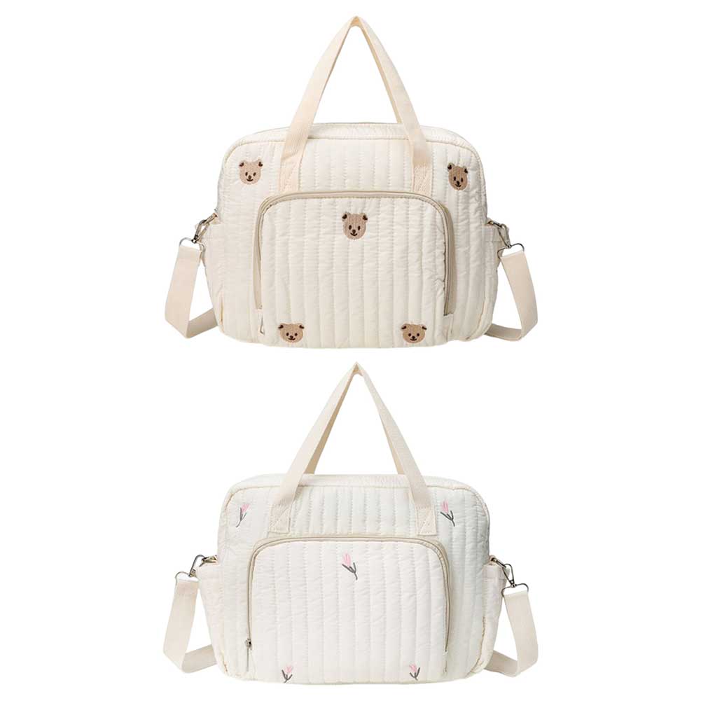 Bear/Flower Quilted Mommy Bag Multifunctional Crossbody Maternity Bag Cotton Messenger Shoulder Bag Adjustable Strap Luggage Bag