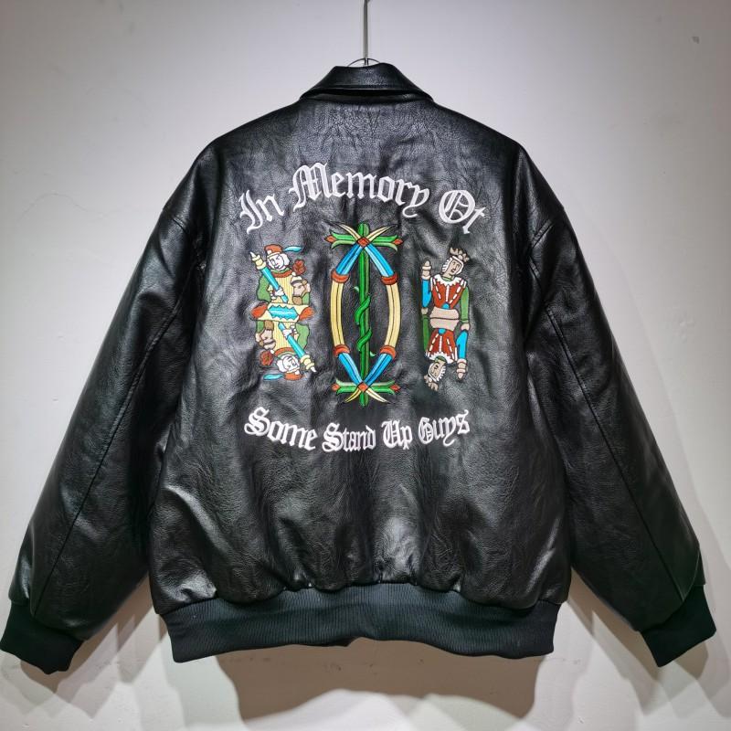 PU Leather Biker Jacket Mens Loose Fit Vintage Style Letter Embroidery Black