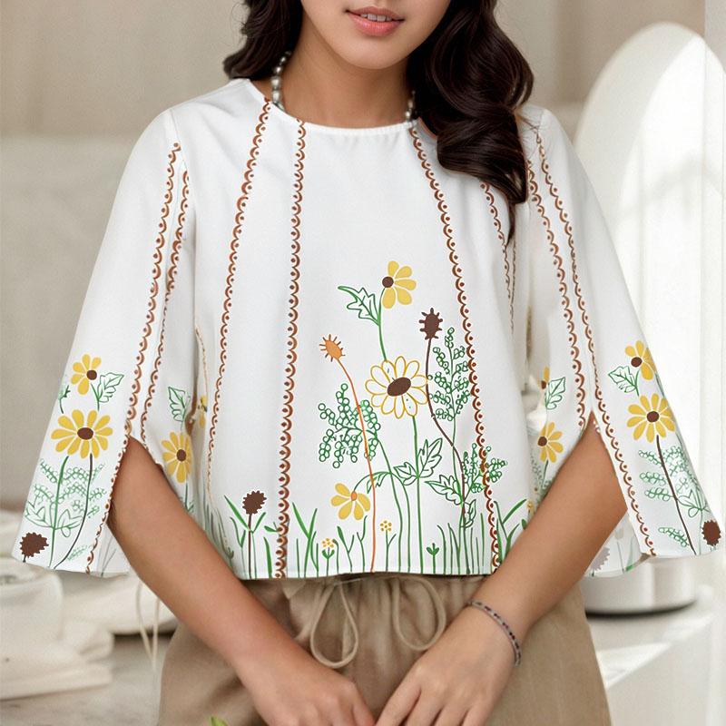 

ZANZEA Женская повседневная блузка с цветочным принтом, круглым вырезом, разрезом и рукавами 3/4, свободного кроя 4XL белый