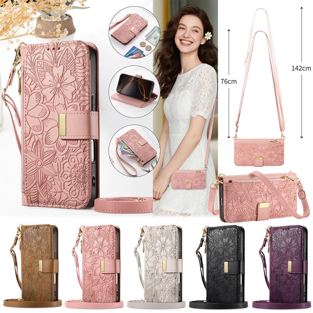 Zipper Crossbody Leather Wallet Card Slot Phone Case for IPhone 16E 16 Plus 15 14 13 12 Pro Max 17 Air Wrist Strap Funda Cover