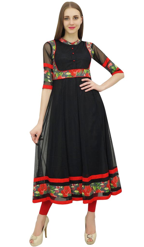 Bimba Women's Long Flared Black Anarkali Kurti Kurta Indian Classic
