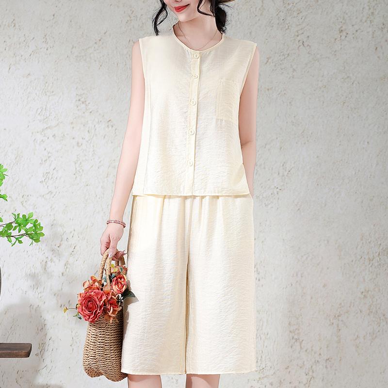 Ensemble 2 pièces pour femme grande taille en mélange de lin, Haut sans manches à boutons et Short large (XL-7XL)