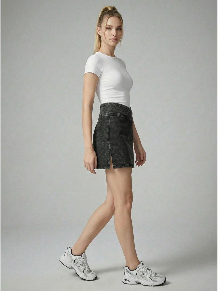 Stylish High-Waist Slit Faux Denim A-line Mini Skirt