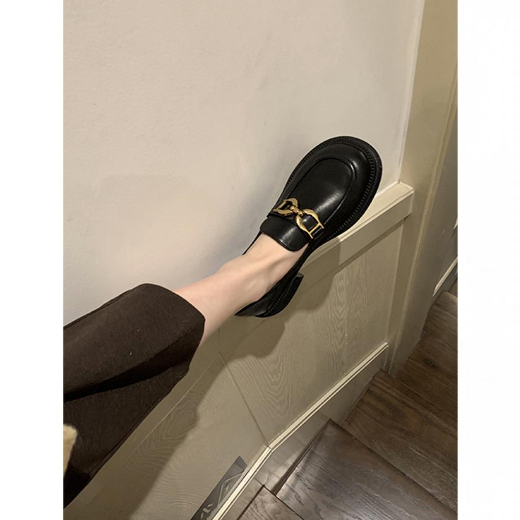 Platform loafers women's summer 2025 new one-pedal women's shoes spring and autumn British style small leather shoes black single shoes