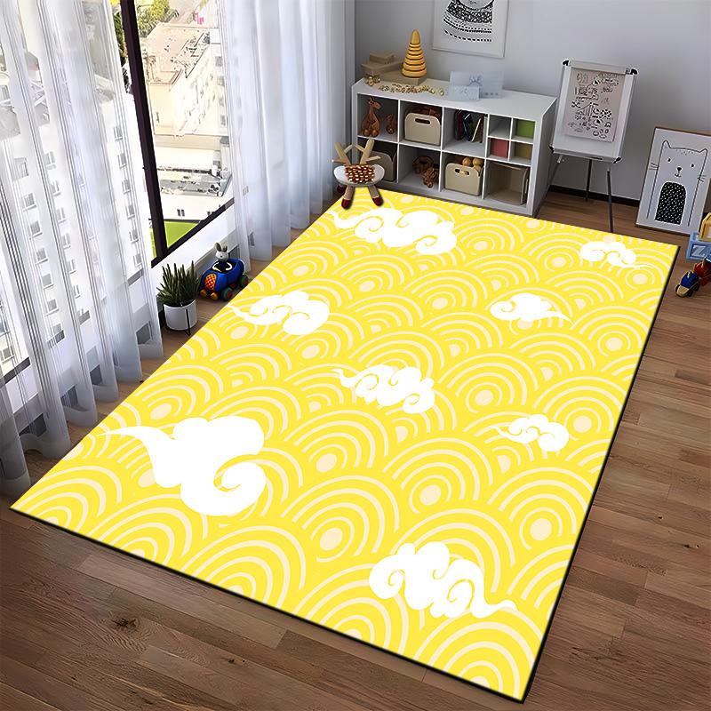 White Clouds on Yellow Wave Pattern Rug Non-slip rug suitable for living room and bedroom sofas