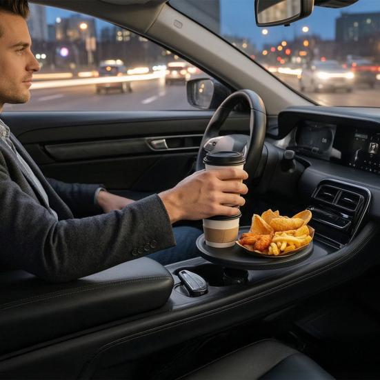 Car Table Tray with Cup Holder 360-degree Rotating Silicone Food Tray for Vehicle Portable Tea Tray for Back Seat
