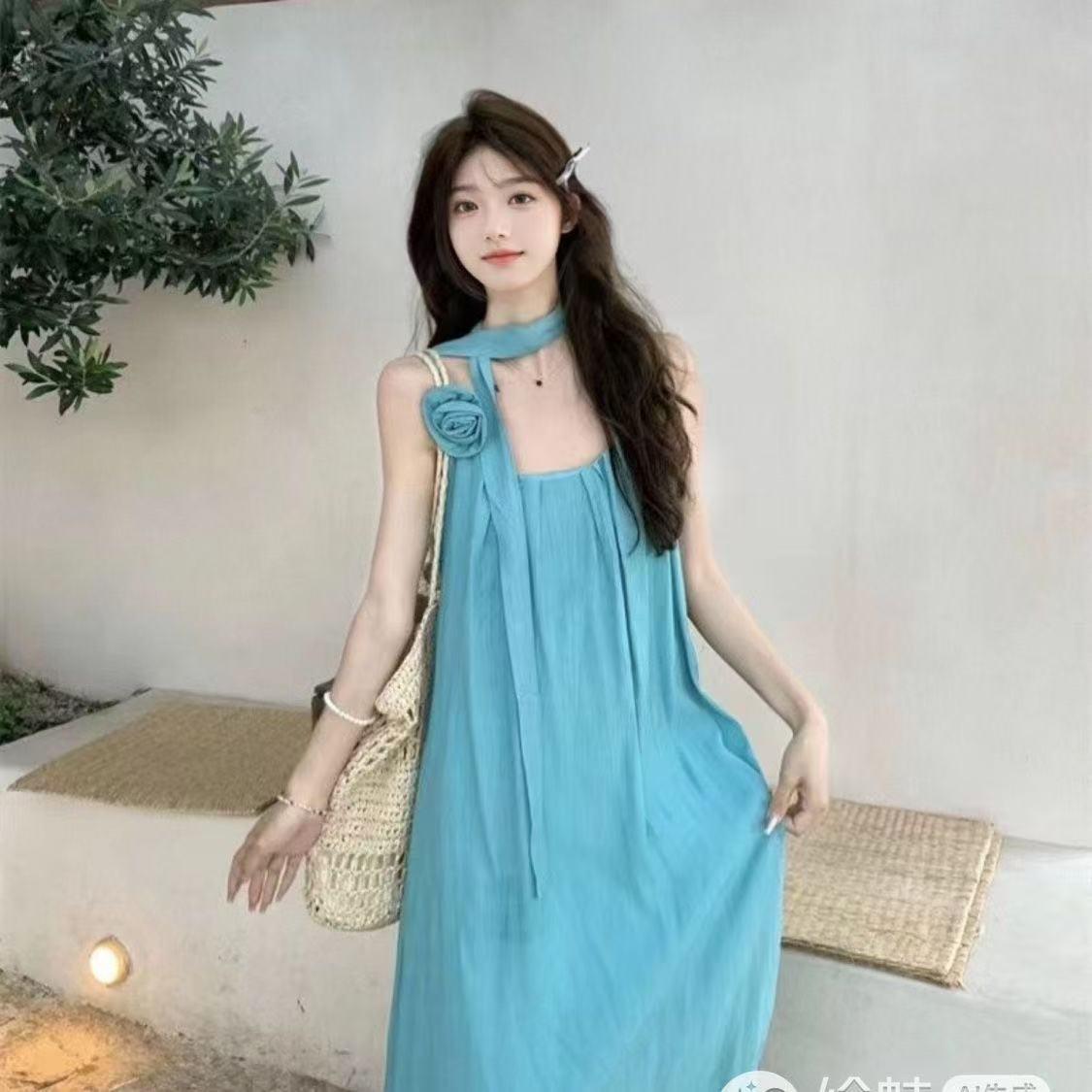 

2025 Hot Girl Summer Dopamine Style: Floral Tie-Up Strappy Long Dress S Premium