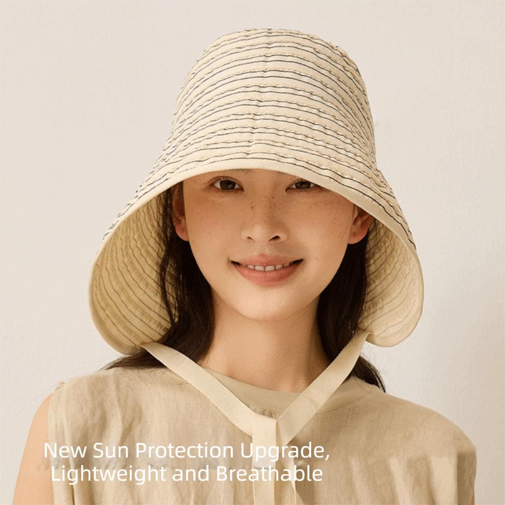 Ribbon Women Striped Fisherman Hat Wide Brim Bucket Hat Casual Summer Sun Hat Hiking