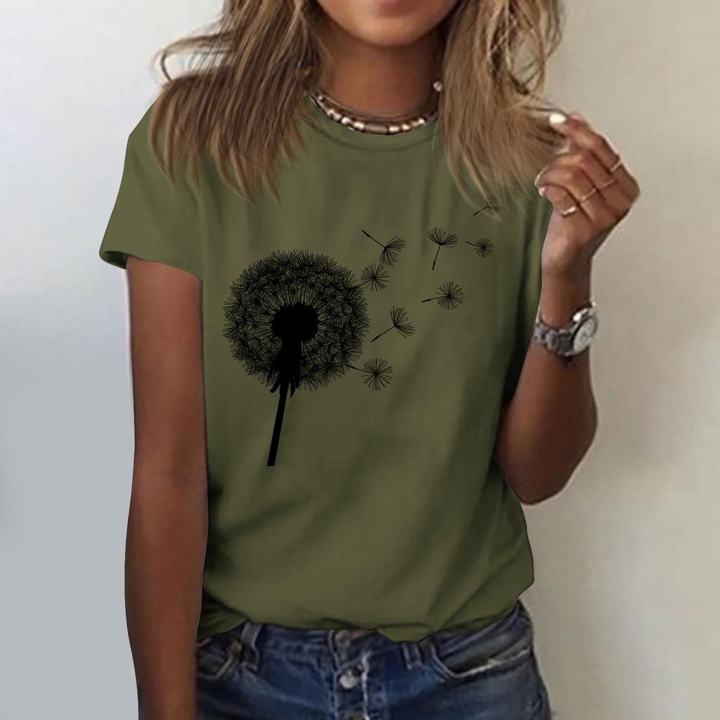 Women's Cute Printed Short Sleeve Round Neck Front Shoulder Vintage Short Sleeve Summer Loose Shirt Top