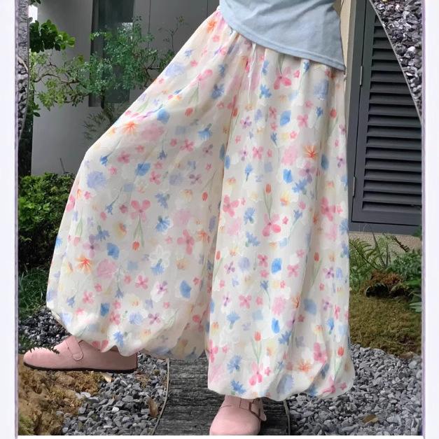 Floral Skirt Pants for Women In Summer New High Waist Cool High Waist Thin Wide-leg Mid-length Flower Bud Pants