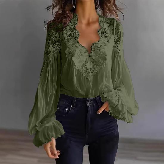 Women Shirt V-Neck Pleated Puff Long Sleeve Summer Shirt Embroidery Lace Splicing Loose Fit Shirt Tops Parties Travel Wear