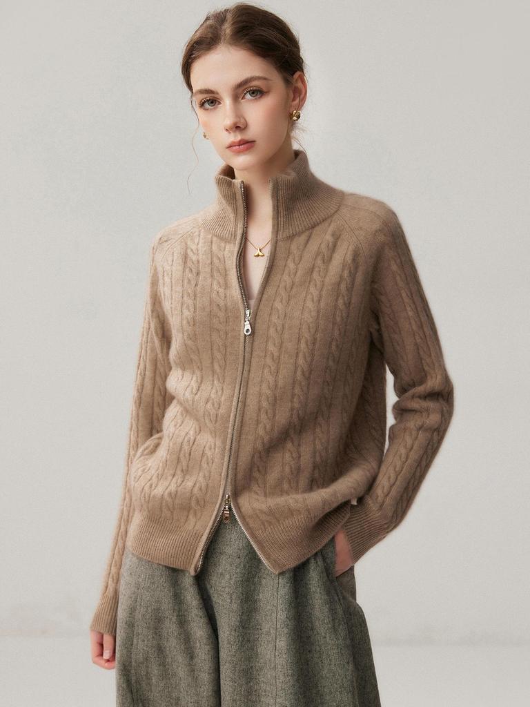Women's Elegant Cashmere Cable Knit Half-High Neck Zip Cardigan - Autumn/Winter 2026 Collection