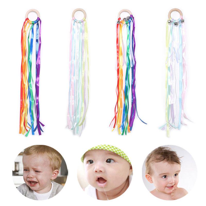 Rainbow Natural Wooden Ribbon Newborn Sensory Bell Toy Shower Gifts Dancing Prop