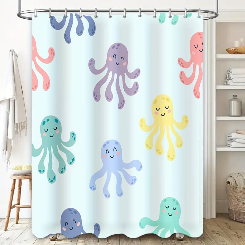 Cute Octopus Shower Curtain Happy Ocean Life Decor For Bathroom Soft Fabric With Hook Ring Set In Pastel Colors (Purple, Pink, B