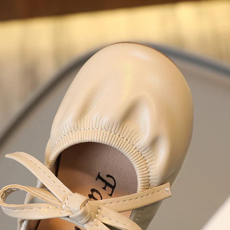 Girls Flats Leather Shoes for Party Wedding Children's Retro Princess Shoes with Bow-knot Kids Soft Sole Pleated Casual Shoes