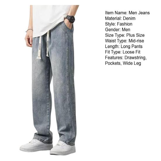 Calça jeans masculina de verão, cintura elástica, cordão ajustável, calça jeans com bolsos, cor sólida, perna larga, calça casual