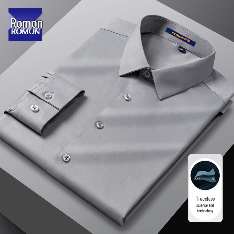 Romon Men's Gray Long Sleeve Business Casual Faux Silk Seamless White Shirt