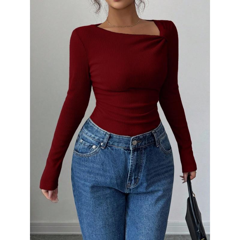 Women S Asymmetrical Neck Long Sleeve Knit Top Slim Fit Autumn Blouse