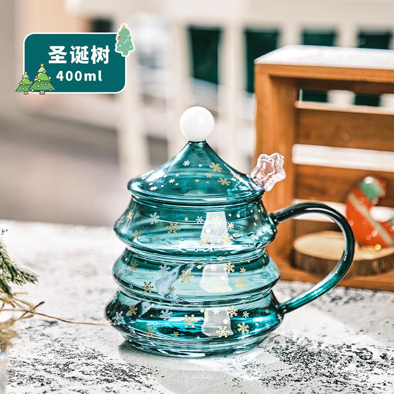 

Christmas Tree Glass Mug Household Use Bring A Handle With A Cover Heat Resistance Breakfast Coffee Cup Office Drinking Cup Girl