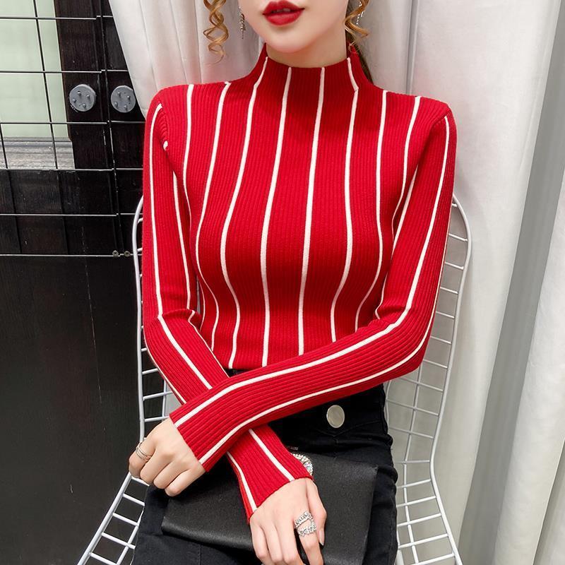 Autumn Winter New Half High Neck Sweater Women's Colored Long Sleeved Pullover Patchwork Screw Thread Versatile Stripe Knit Top