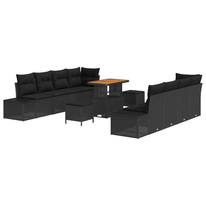 Ensemble de canapés de jardin vidaXL 11 pièces avec coussins Noir Poly Rattan Acacia, Sofa de jardin 2 places vidaXL364709