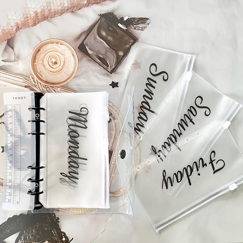 WTEMPO 7PCS A6 PVC Zipper Clear Envelope Bags Reusable Gift Bags Storage Pouches File Holders for Office Home Store Use Monday To Sunday Printed