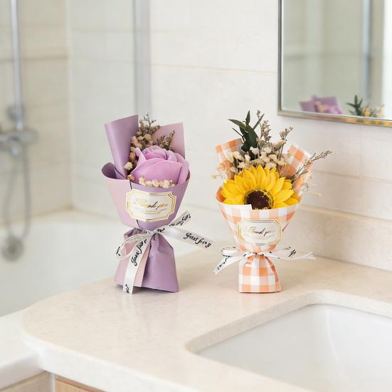 1/2Pcs Mini Fake Rose Sunflower Bouquet Handcrafted Soap Flower Petals Artificial Floral Decoration Valentine's Day Anniversary Birthday Romantic Gift