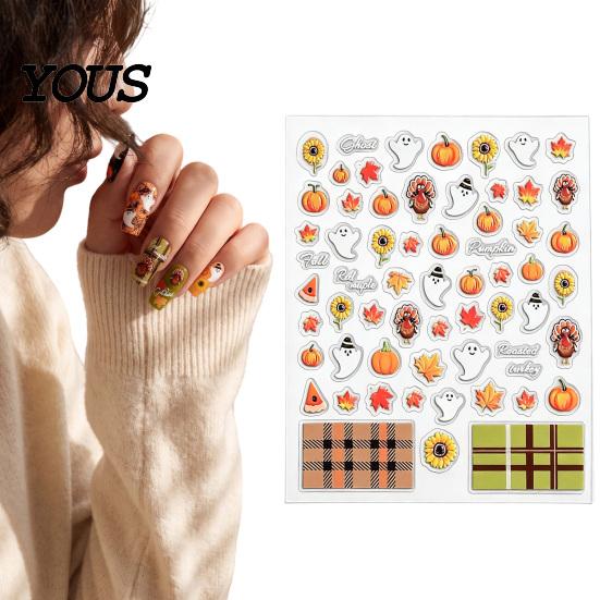 Fall Themed Nail Accessories Art Stickers for Halloween Thanksgiving, Autumn Turkey Pumpkin Maple Leaf Manicure Sticker, Embossed Waterproof Adhesive