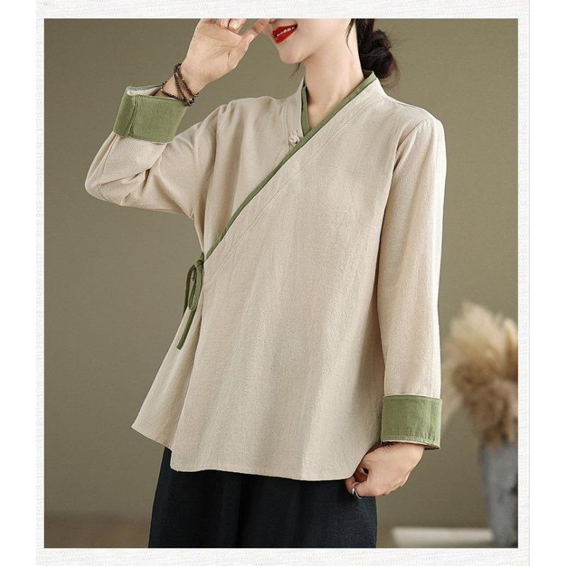 Damen Beige Wickelbluse Lässig V-Ausschnitt Leinenmischung Chinesischer Stil Krawatte Vorne Oberteil