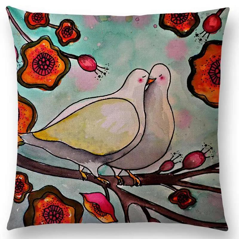New Arrivals Watercolor Little Birds Pillow Case Floral Home Decor Cushion Cover