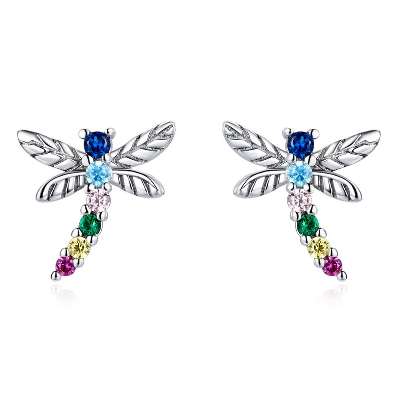 WOSTU 925 Sterling Silver Colorful Heart Stud Earrings Rainbow Unicorn Lightning Earrings For Women Fashion Silver Jewelry