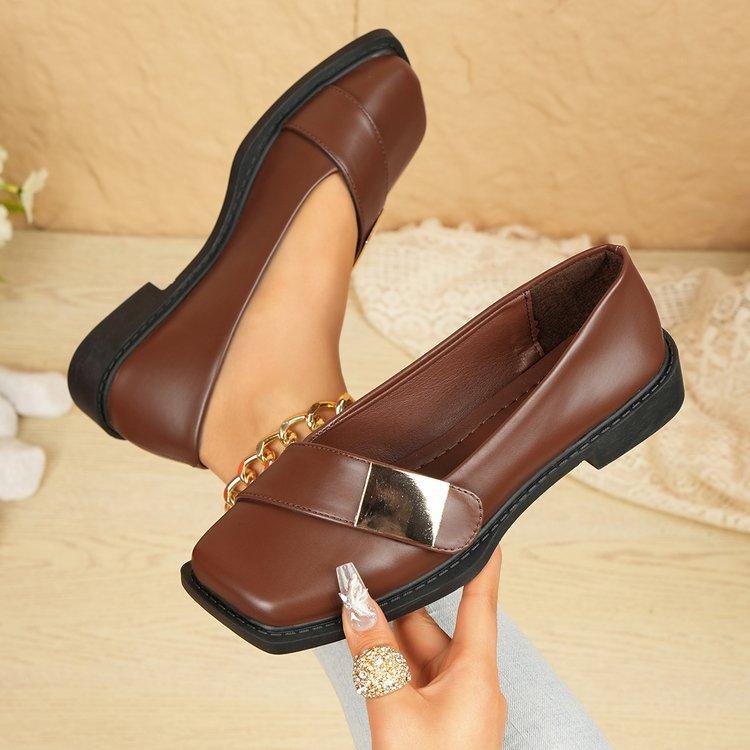 

Square Toe Chunky Heel, Beige and Golden Faux Upper, Rubber Sole, Comfortable Everyday Wear for All Seasons Fashionable Flat Square Toe Shoes 43 коричневий