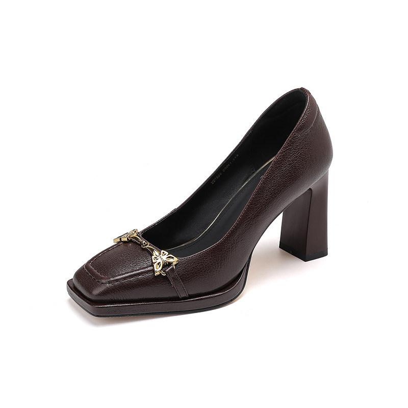 First encounter high heels 2026 spring new square head thick heel light mouth single shoes French temperament elegant commute