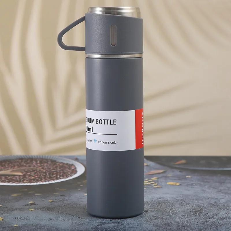 500ML 3-Tassen-Deckel Outdoor Heißwasser Thermoisolierung Neue Edelstahl-Vakuumflasche Geschenkset Thermoskanne Business-Stil