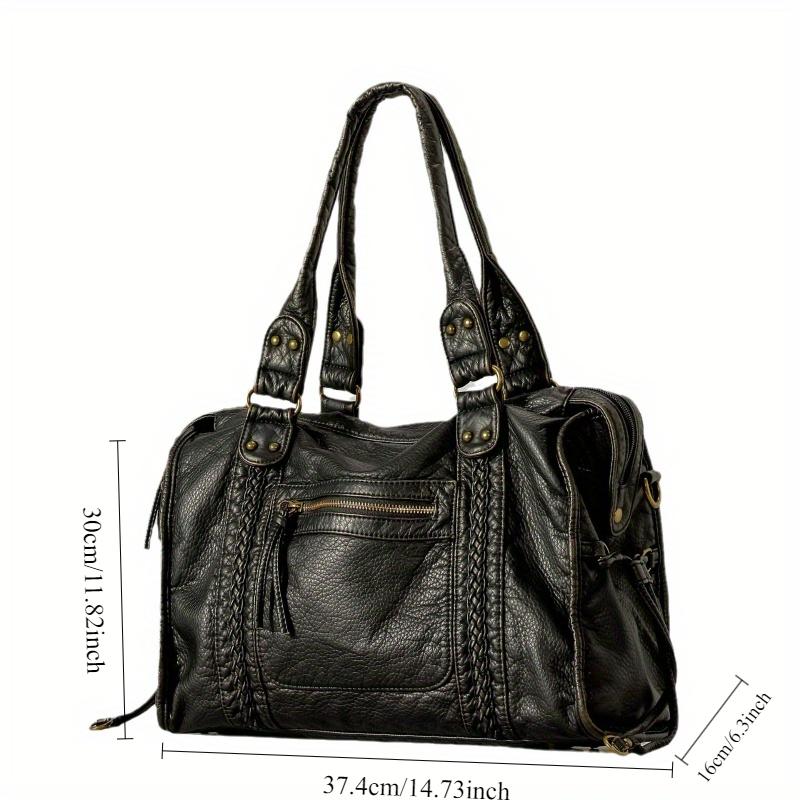 Women's Fashi Vintage Washed Soft Leather Tote Bag Large Capacity Commuter Multi-Pocket Shoulder Messenger Bag
