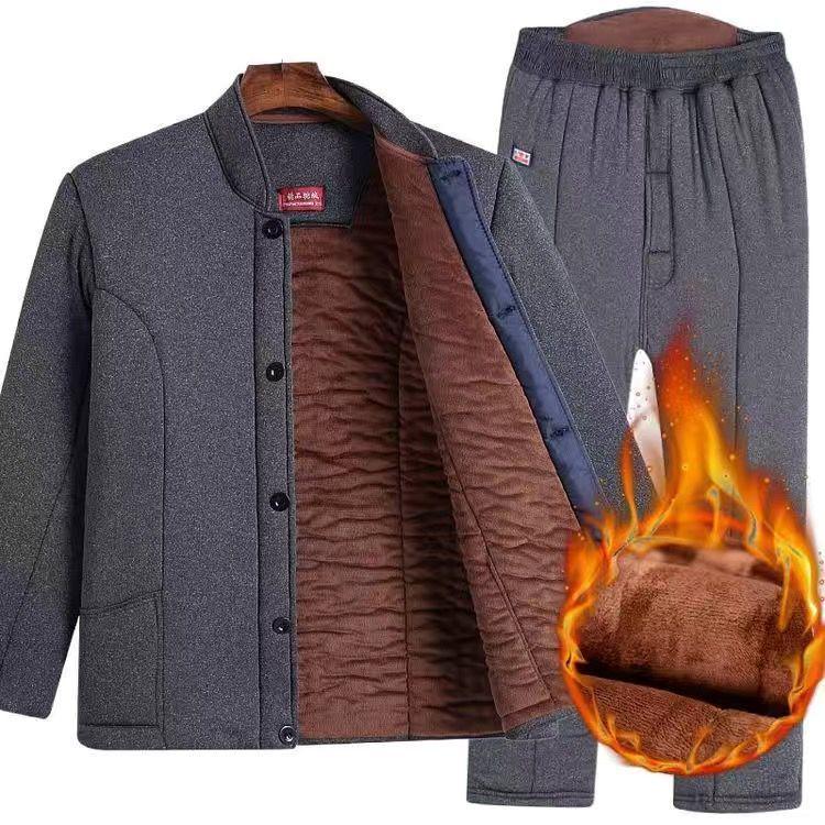 Men's Winter Warm Set: Cotton-Padded Jacket and Pants for Seniors – Fleece-Lined, Camel Down, Ideal for Dad or Grandpa.