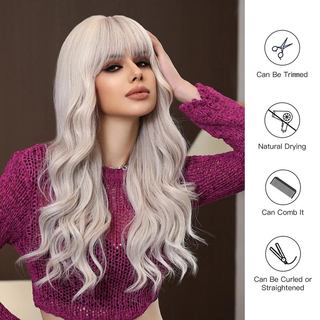 Professional  White Blonde Long Wavy Synthetic Wigs with Bangs for Black Women Halloween Cosplay Party Daily Wig Natural Hair Heat Resistant