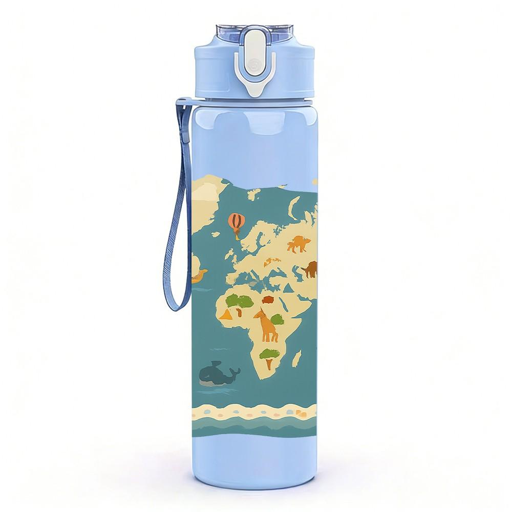 1PC Vintage World Map Ocean Continent 750ml Color Plastic Sports Water Bottle Leakproof Flip Straw Lid Suitable for Sports Office Home Use