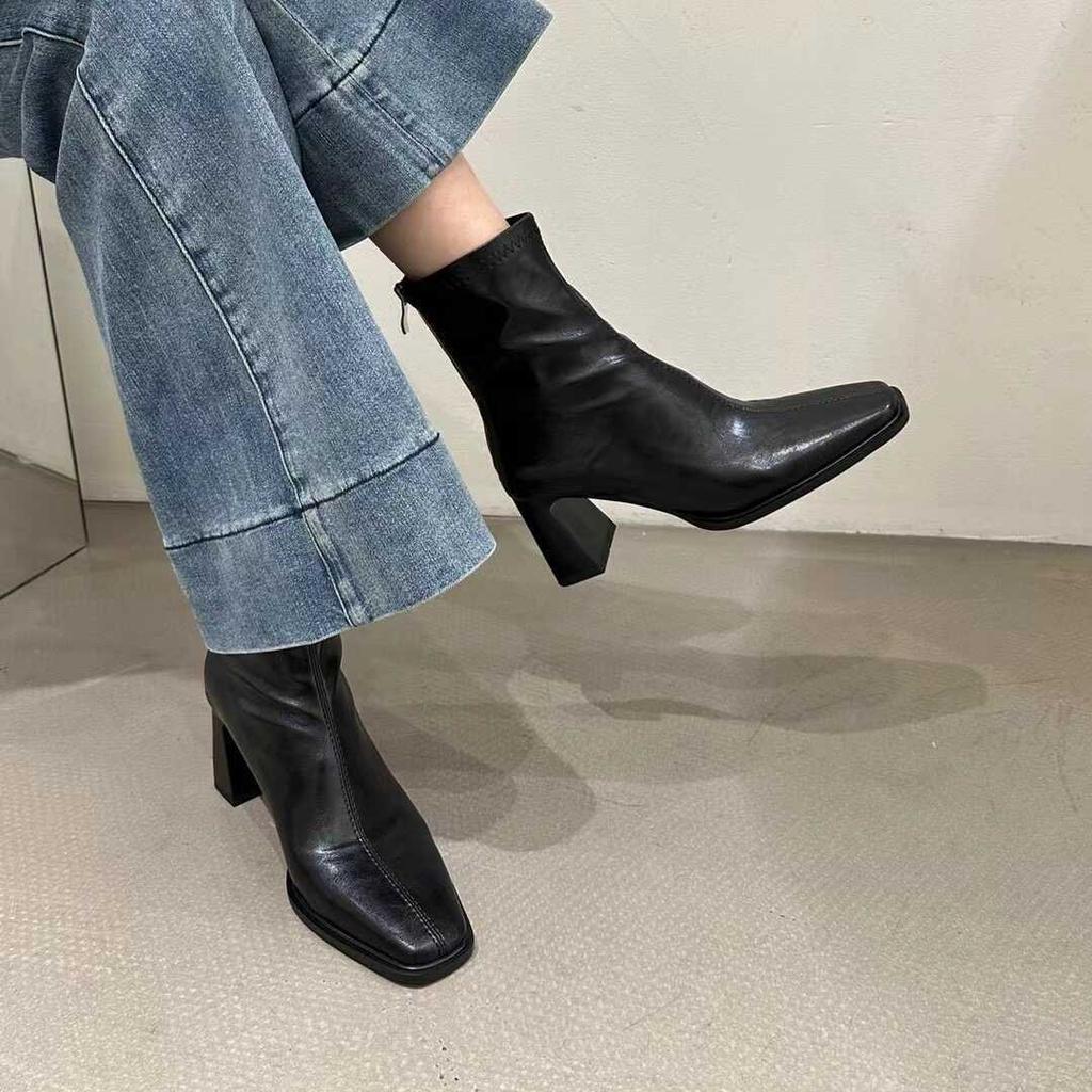 High-heeled Short Boots Women's 2025 Autumn and Winter New French Retro Square Head Thin Boots Versatile Thick-heeled Martin Boots Women's Single Boo