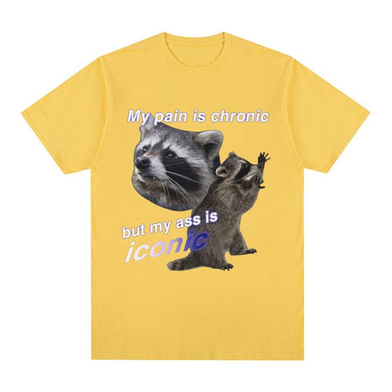 Funny My Pain Is Chronic But My Ass Is Iconic Raccon Meme T-shirt Men Cotton Short Sleeve T Shirts Fashion Casual Vintage Tees